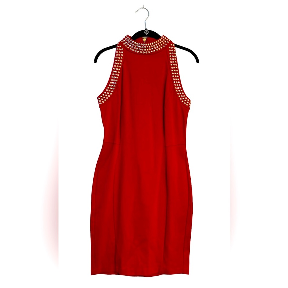 Carmen Marc Valvo Red Studded Sleeveless Sheath Dress Size S, 37.5” Long